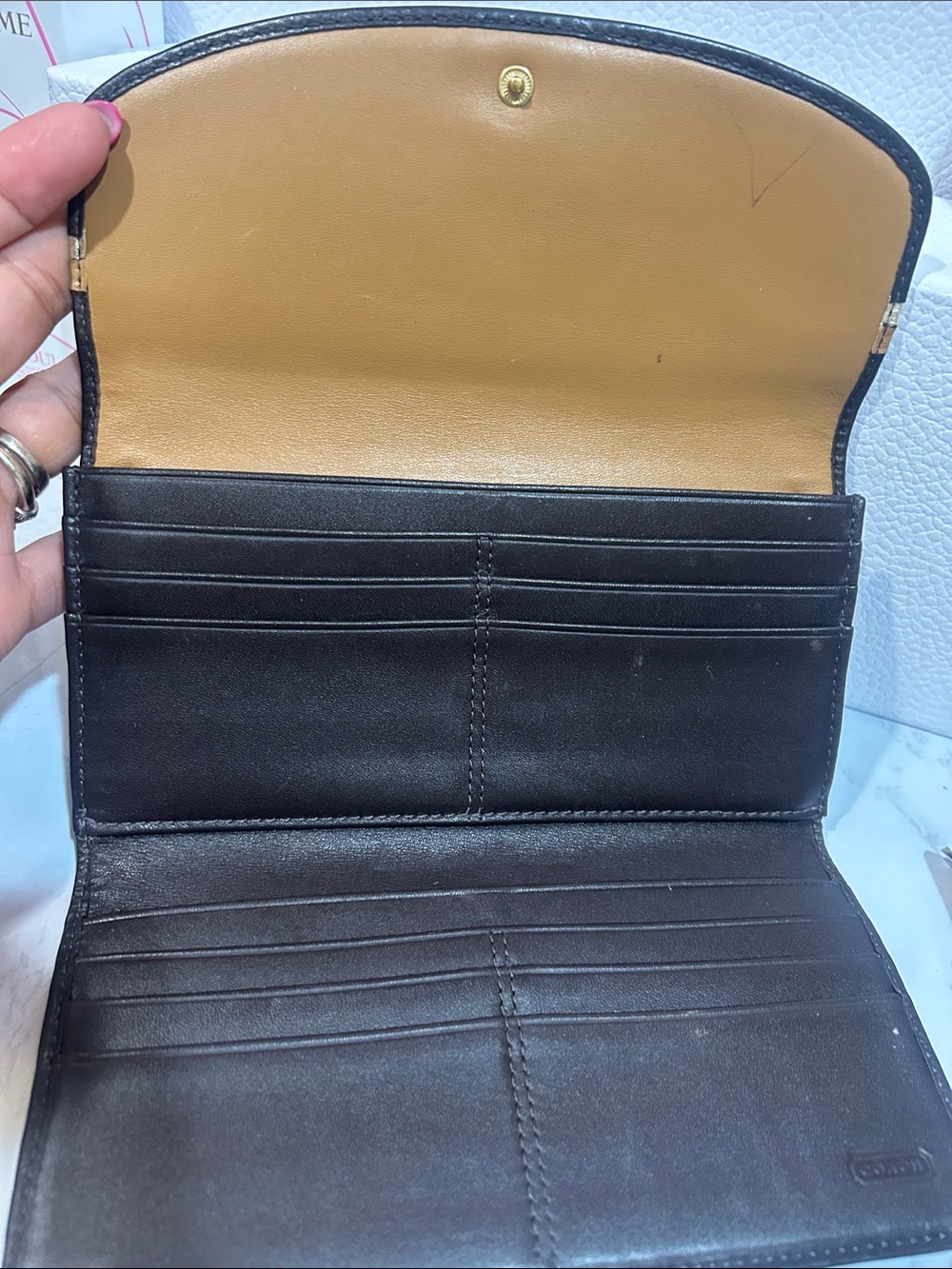 Coach Signature Canvas Trifold Wallet in Brown and Tan - Picture 4 of 8